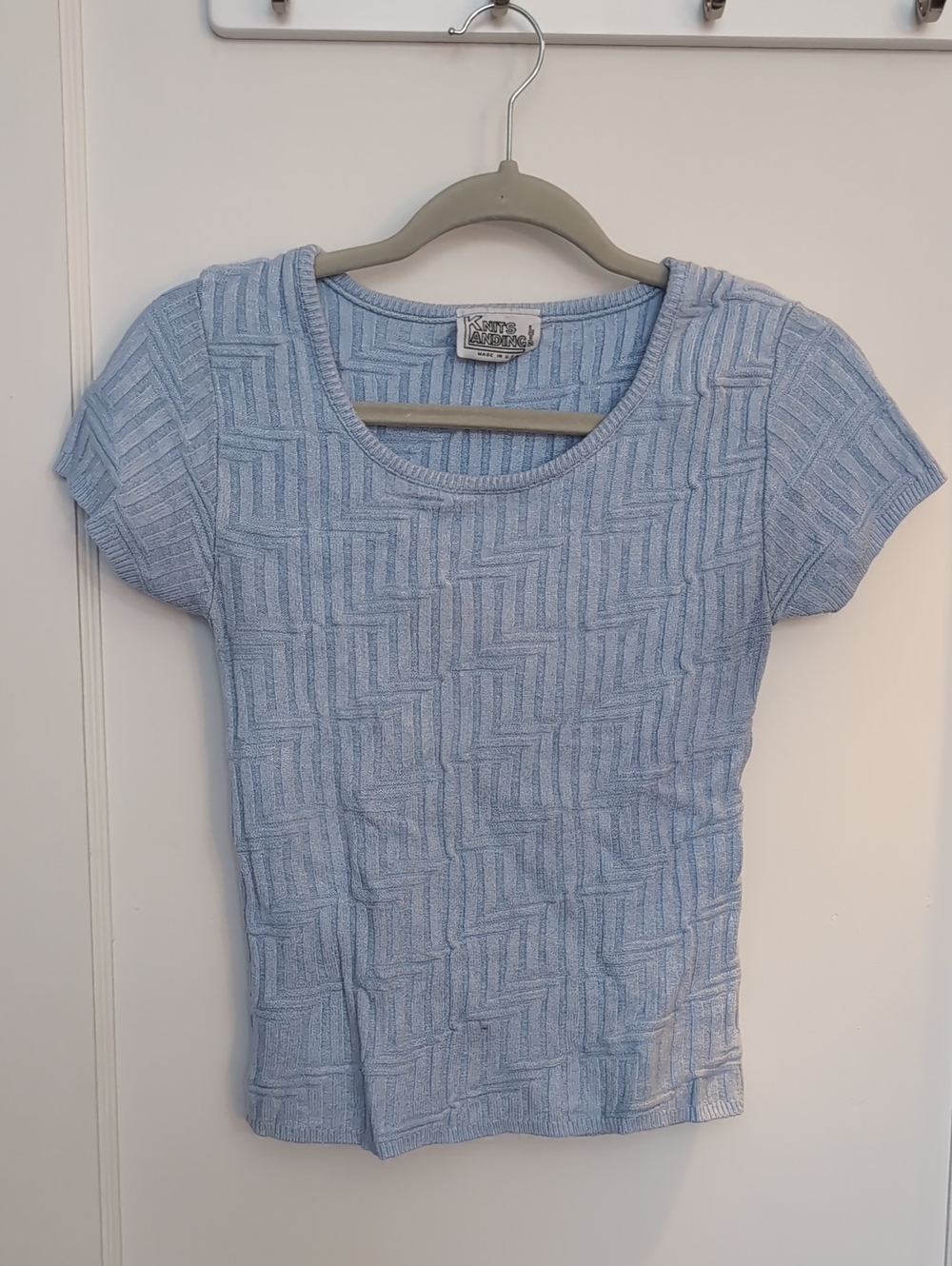 Vintage Powder Blue Geometric Knit Scoop Neck Short Sleeve Top
